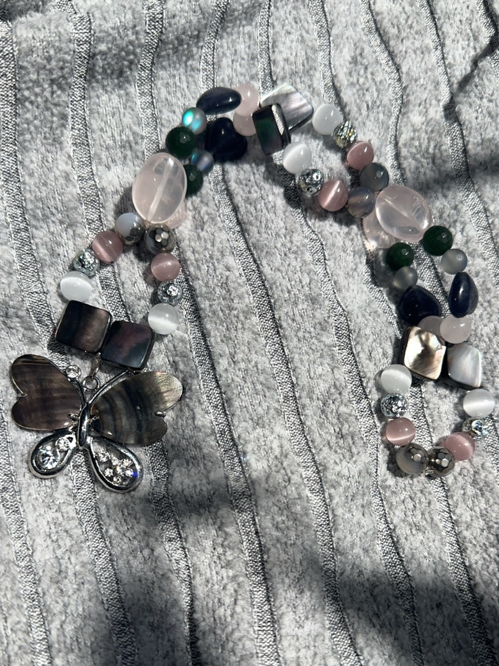Mystical Mirrors HangCharm (Rose Quartz, Black Iridescent Shell, Canadian Jade)